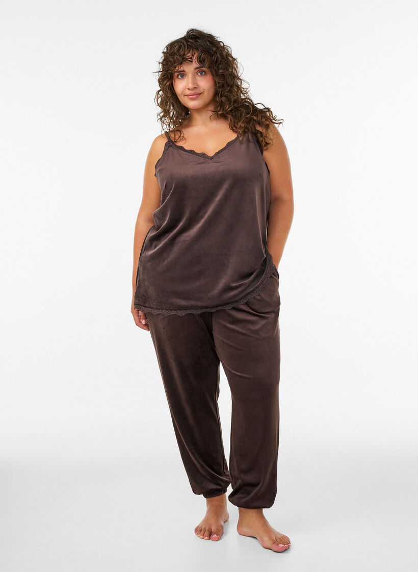 Top aus Velours mit Spitzen, Braun, Model image number 1