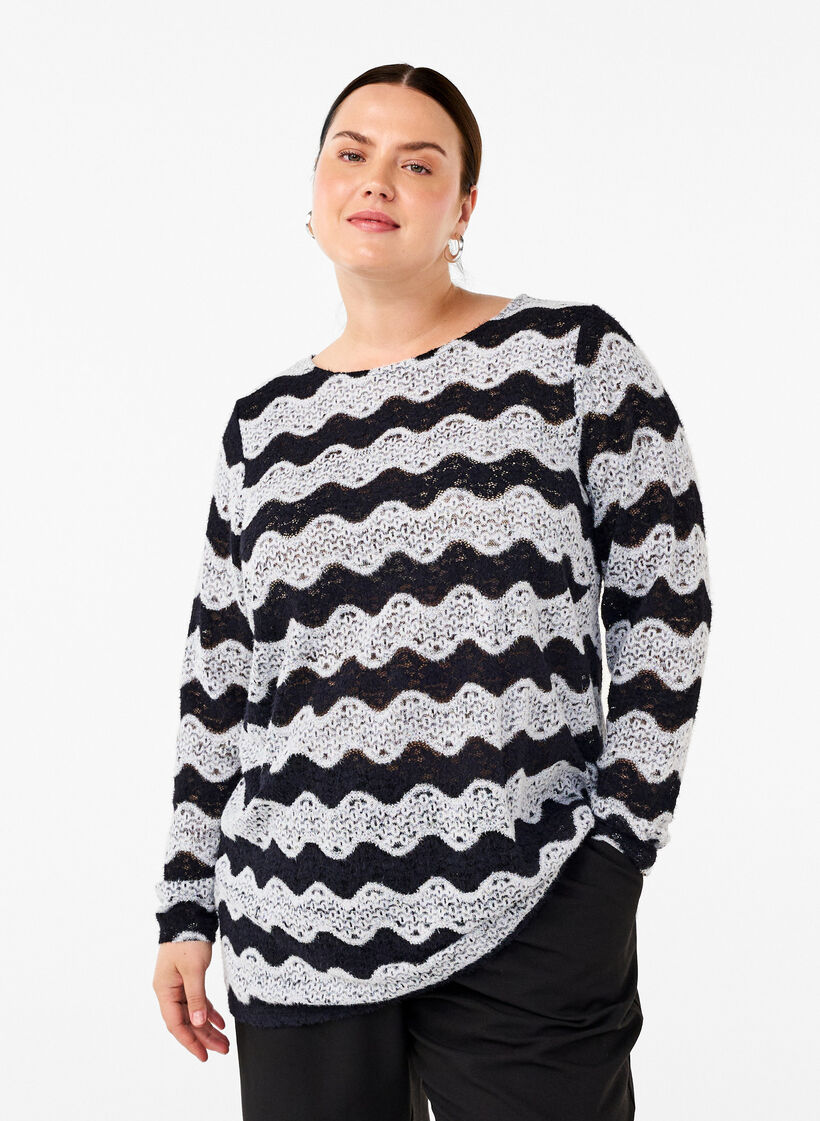 Strickbluse mit Wellenmuster, Black Stripe, Model image number 0