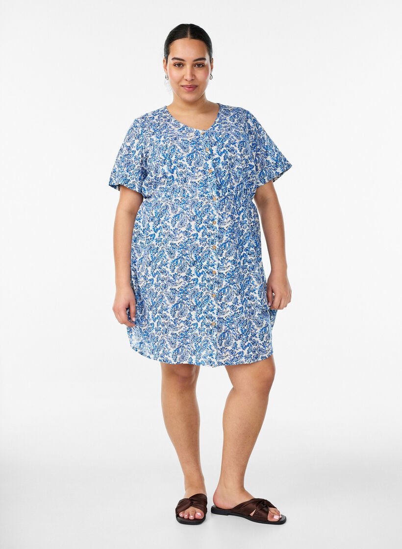 Kurzes Kleid aus Baumwolle mit Blumenprint, Blau, Model image number 1