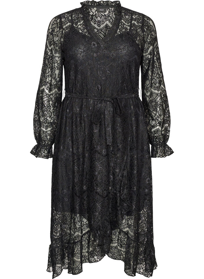 Kleid aus Spitze mit Wickelrock und R&uuml;schen, Schwarz, Packshot image number 0