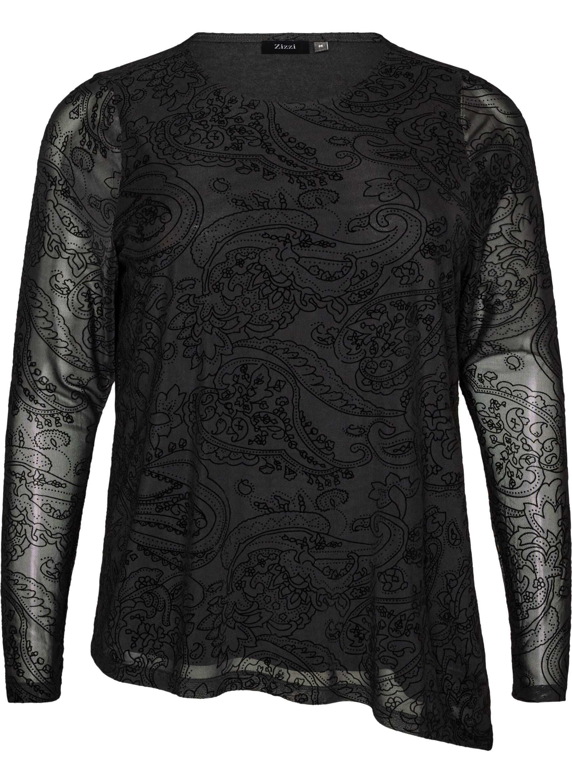 ZizziMesh-Bluse mit Paisley-Print und asymmetrischem Saum, Schwarz, Packshot image number 0