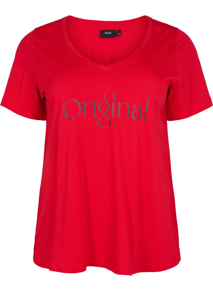 T-Shirt aus Baumwolle mit Druck und V-Ausschnitt , Tango Red ORI, Packshot image number 0