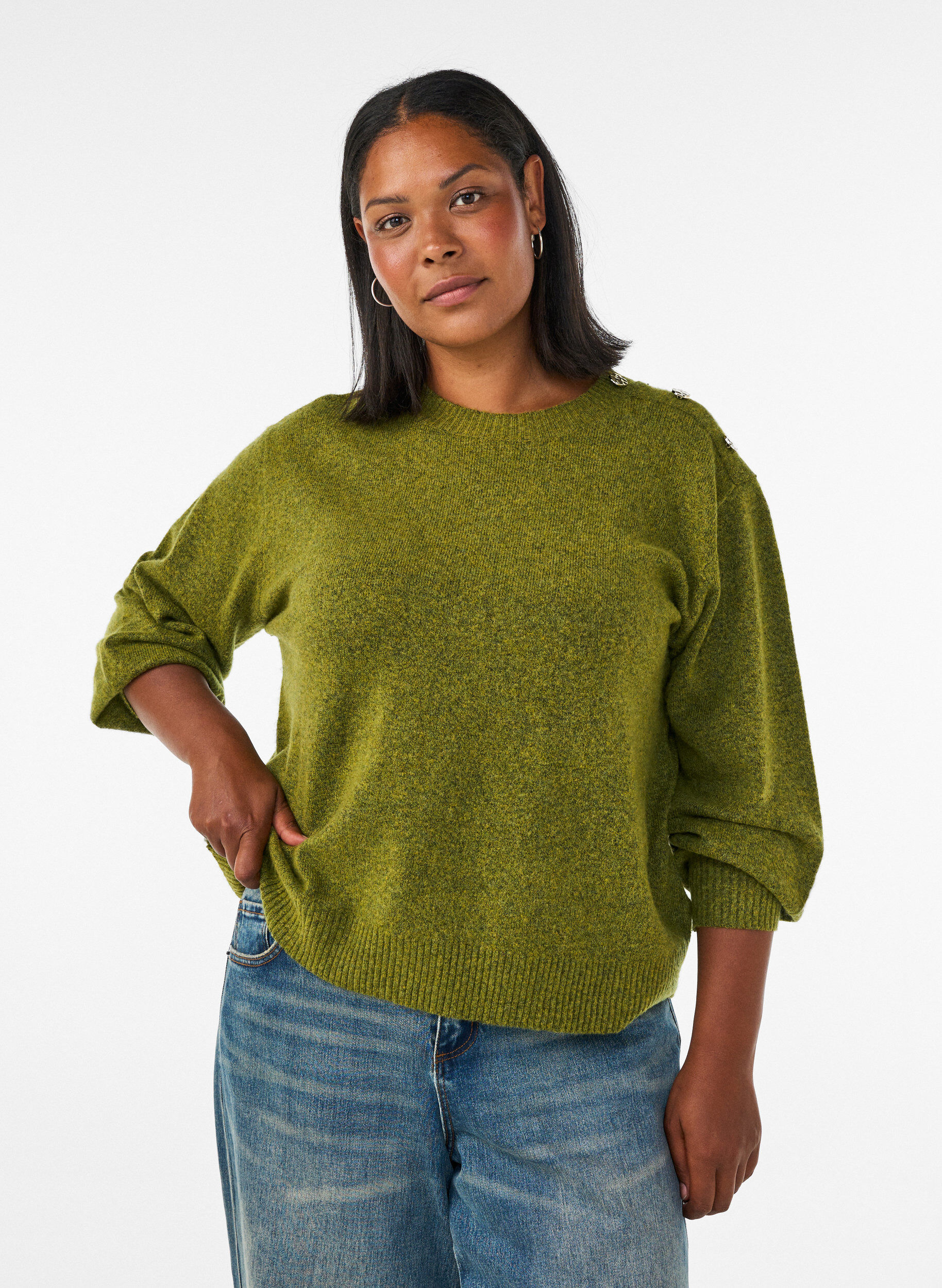 Strickbluse mit Knopfleiste, Gr&uuml;n, Model