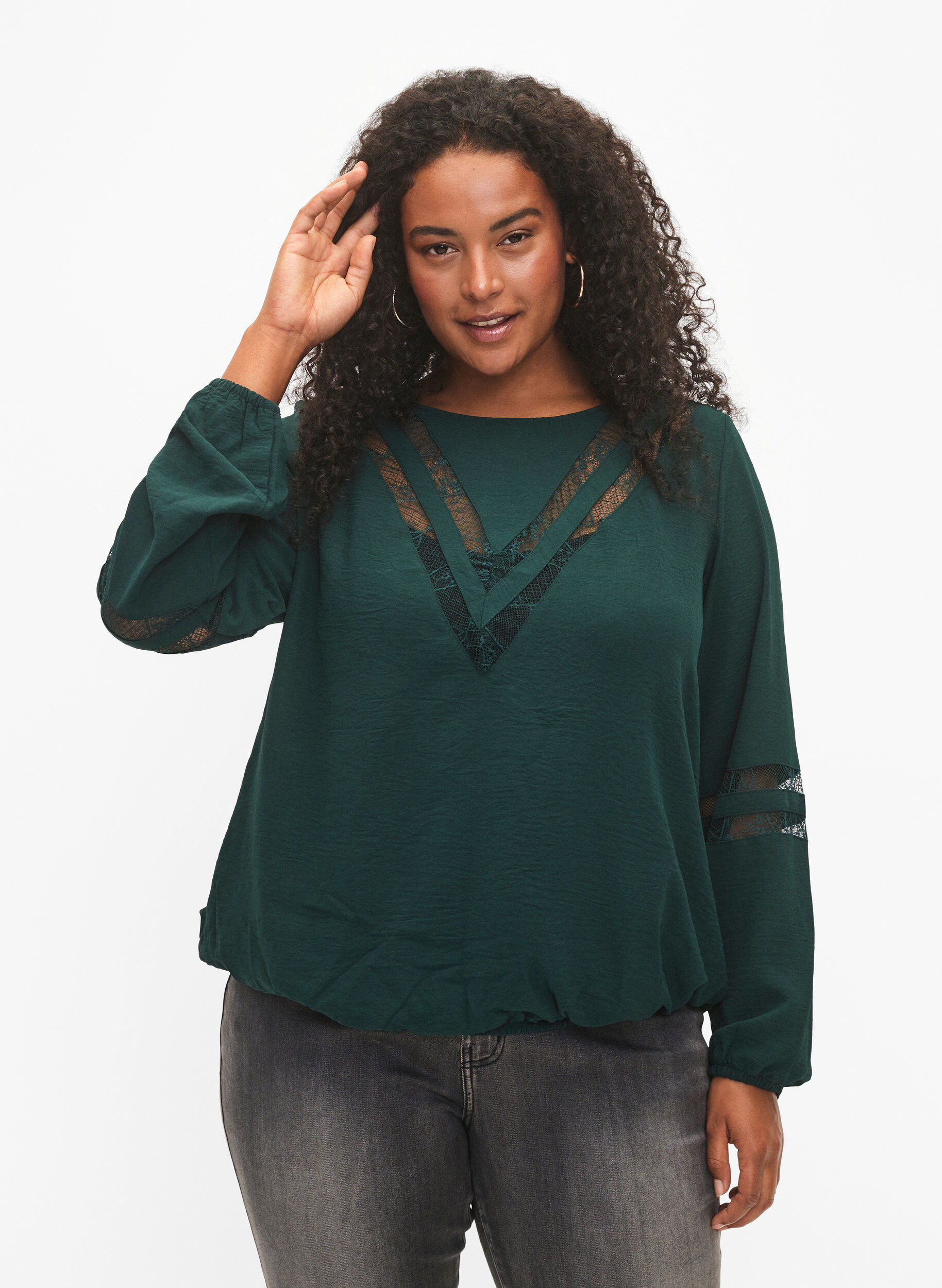 Zizzi Langarm-Bluse mit Spitze, Scarab, Model image number 0