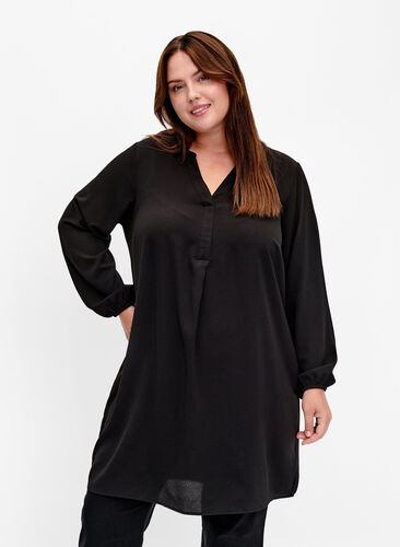 Langärmeliges Kleid mit V-Ausschnitt, Black, Model image number 0