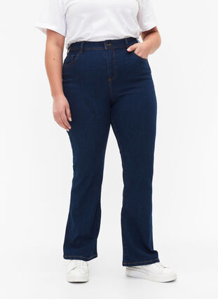 FLASH - Hoch taillierte Jeans mit Bootcut, Blue denim, Model image number 2