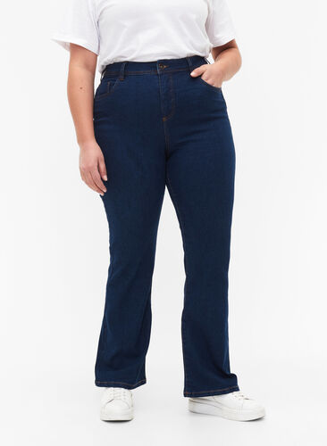 FLASH - Hoch taillierte Jeans mit Bootcut, Blue denim, Model image number 2