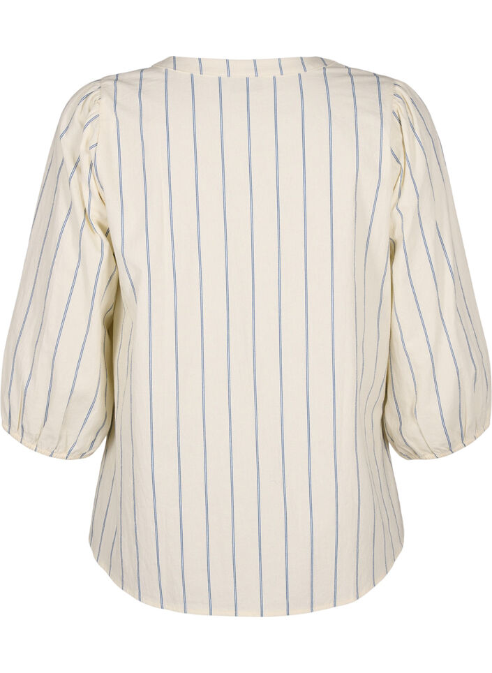  Baumwollbluse mit 3/4-Ärmeln und Streifen, Eggnog Stripe, Packshot image number 1