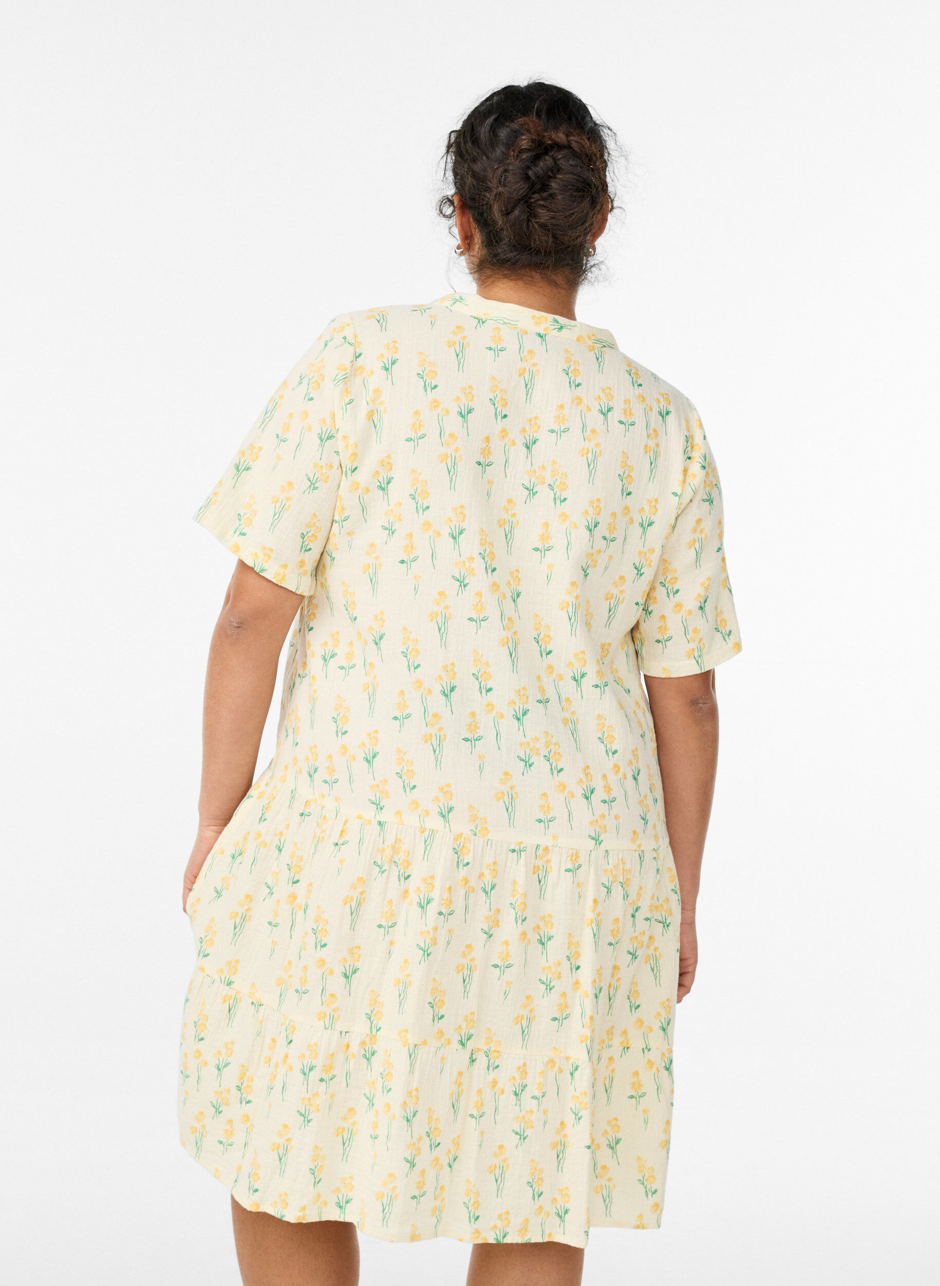 ZizziKurzes A-Linien-Kleid aus Baumwollmusselin, Gelb, Model image number 2