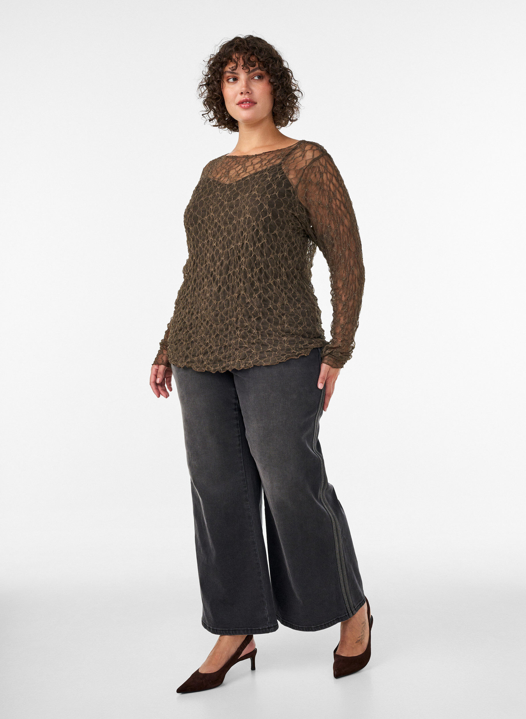ZizziBluse aus Mesh mit Muster und Glitzerfaden, Braun, Model image number 1