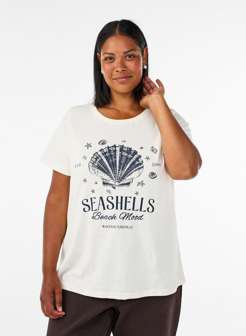 T-Shirt aus Baumwolle mit Print, Vanille, Model image number 0