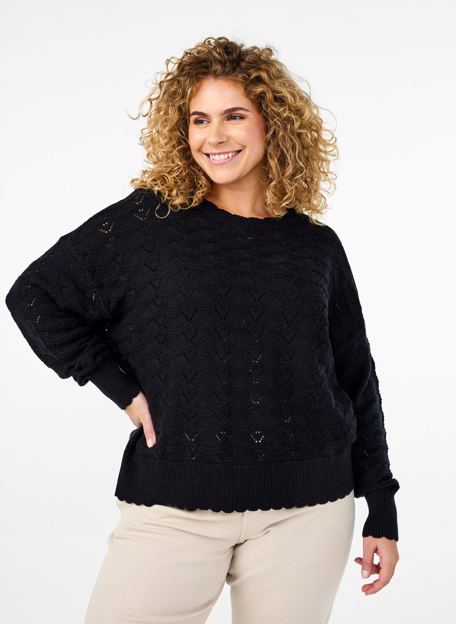 ZizziStrickbluse mit Lochmuster und langen &Auml;rmeln, Black, Model image number 0