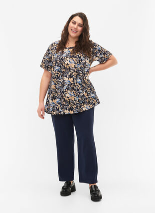 FLASH – Kurzärmelige Bluse mit Print, Brown Blue Flower, Model image number 2