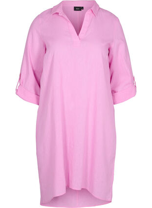 Gestreiftes Kleid aus Baumwolle und Leinen, Begonia Pink, Packshot image number 0