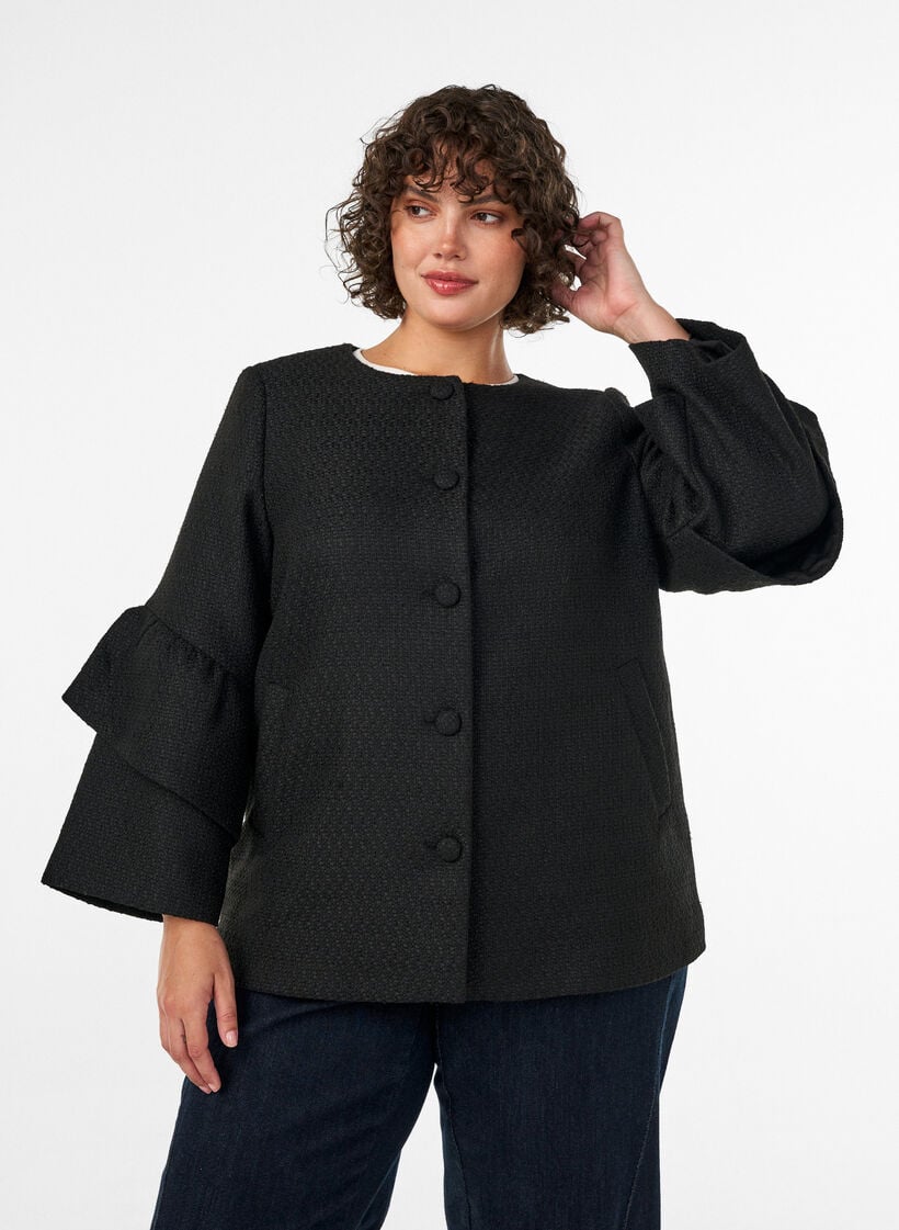 Boucl&eacute;-Jacke mit R&uuml;schendetails, Schwarz, Model image number 0