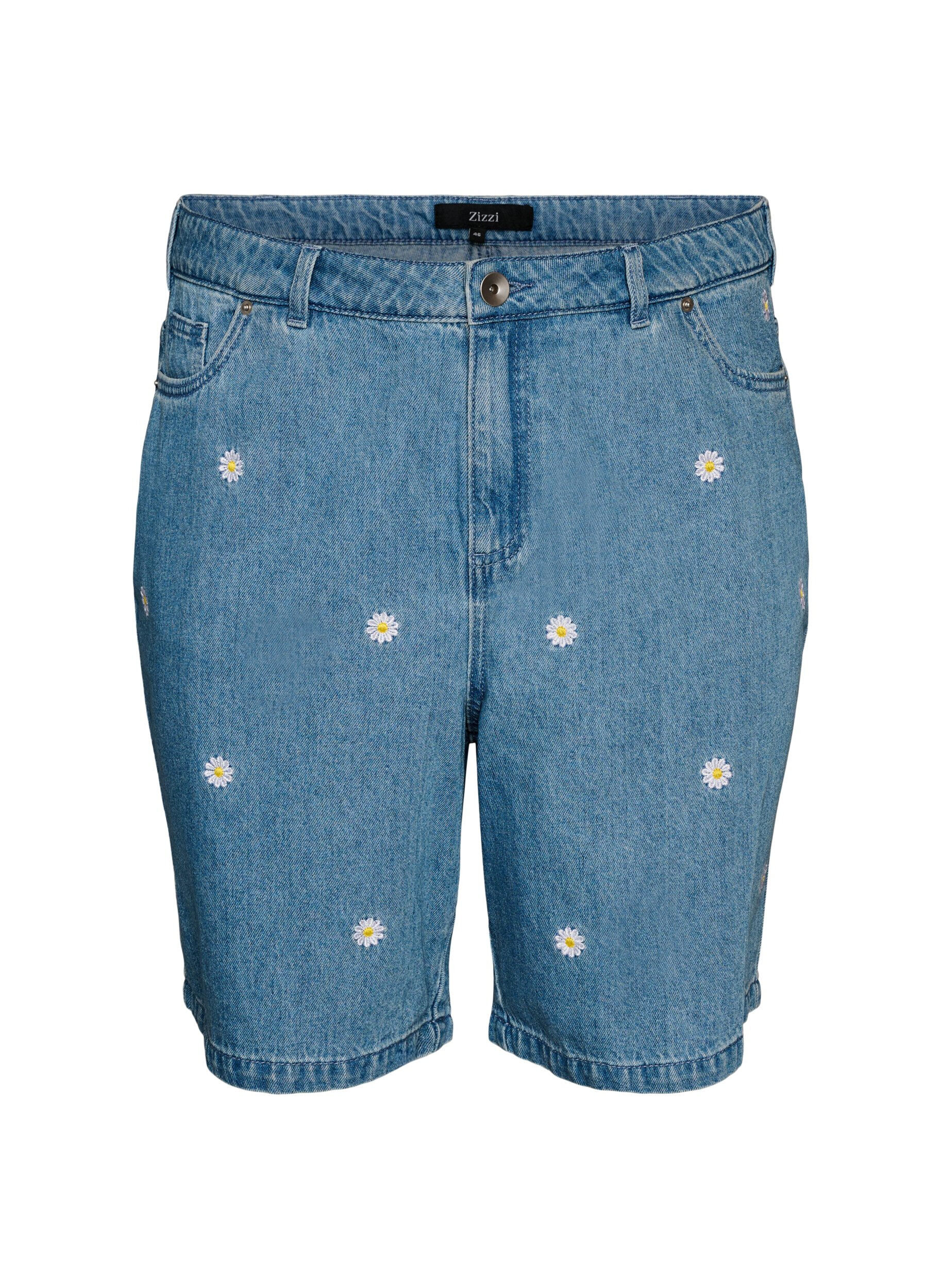 ZizziHoch taillierte Jeansshorts mit gebl&uuml;mter Stickerei, Blau, Packshot image number 0