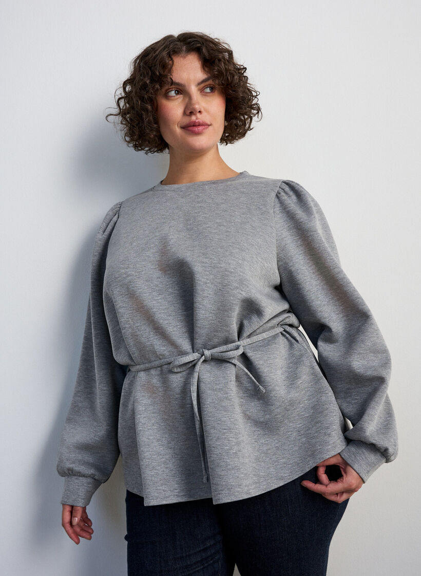 Bluse mit Bindeband und Puff&auml;rmeln, Grau, Model image number 3