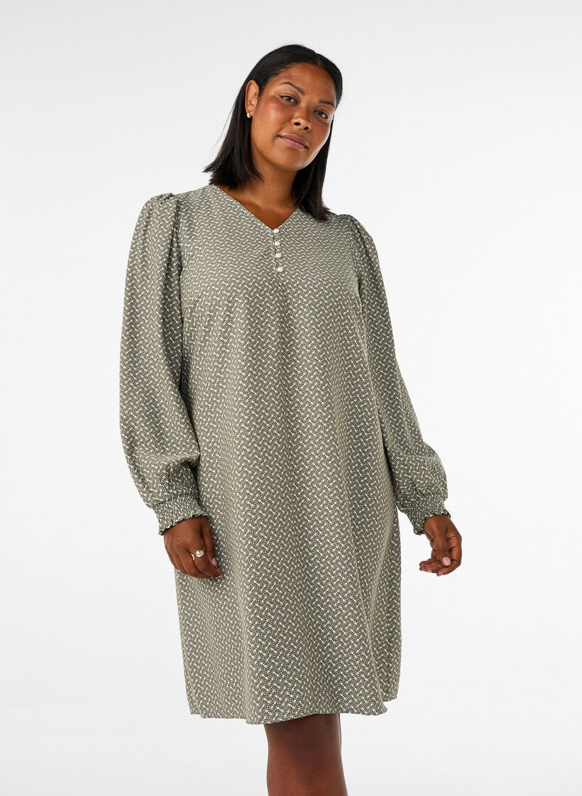 Gemustertes Kleid aus Viskose mit langen &Auml;rmeln, Gr&uuml;n, Model image number 0