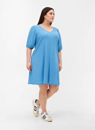 Kleid mit Puffärmeln und V-Ausschnitt, Azure Blue, Model image number 2