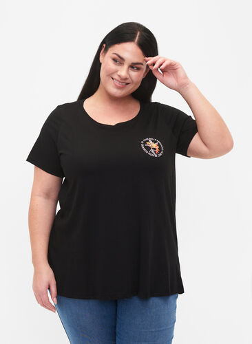 T-Shirt aus Baumwolle mit Aufdruck, Black W. Chest print, Model image number 0