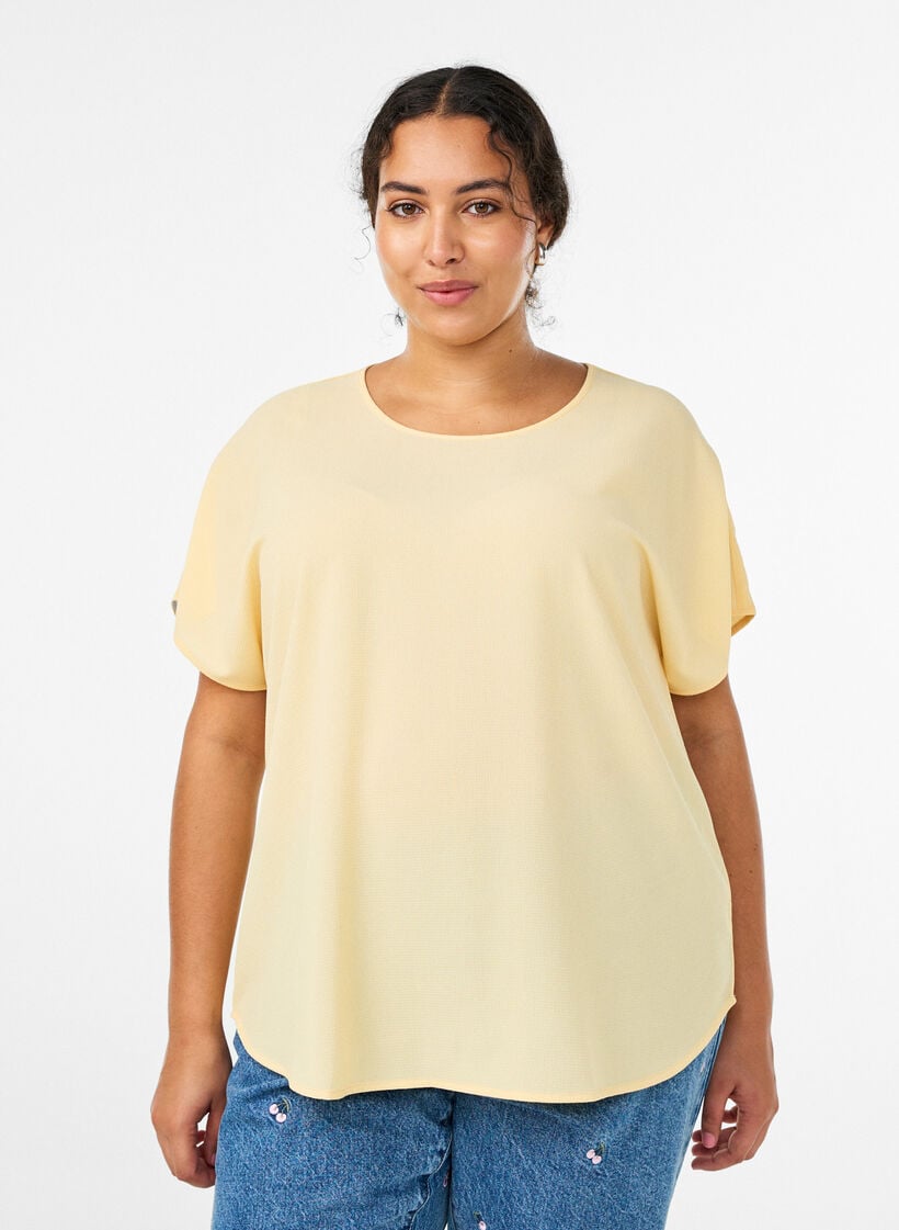 Bluse mit kurzen &Auml;rmeln und Rundhalsausschnitt, Gelb, Model image number 0