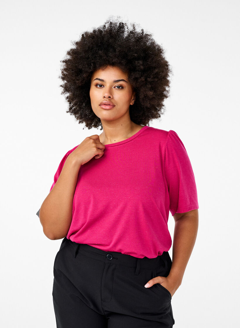 T-Shirt mit Glitzer und kurzen Puffärmeln, Pink, Model image number 0