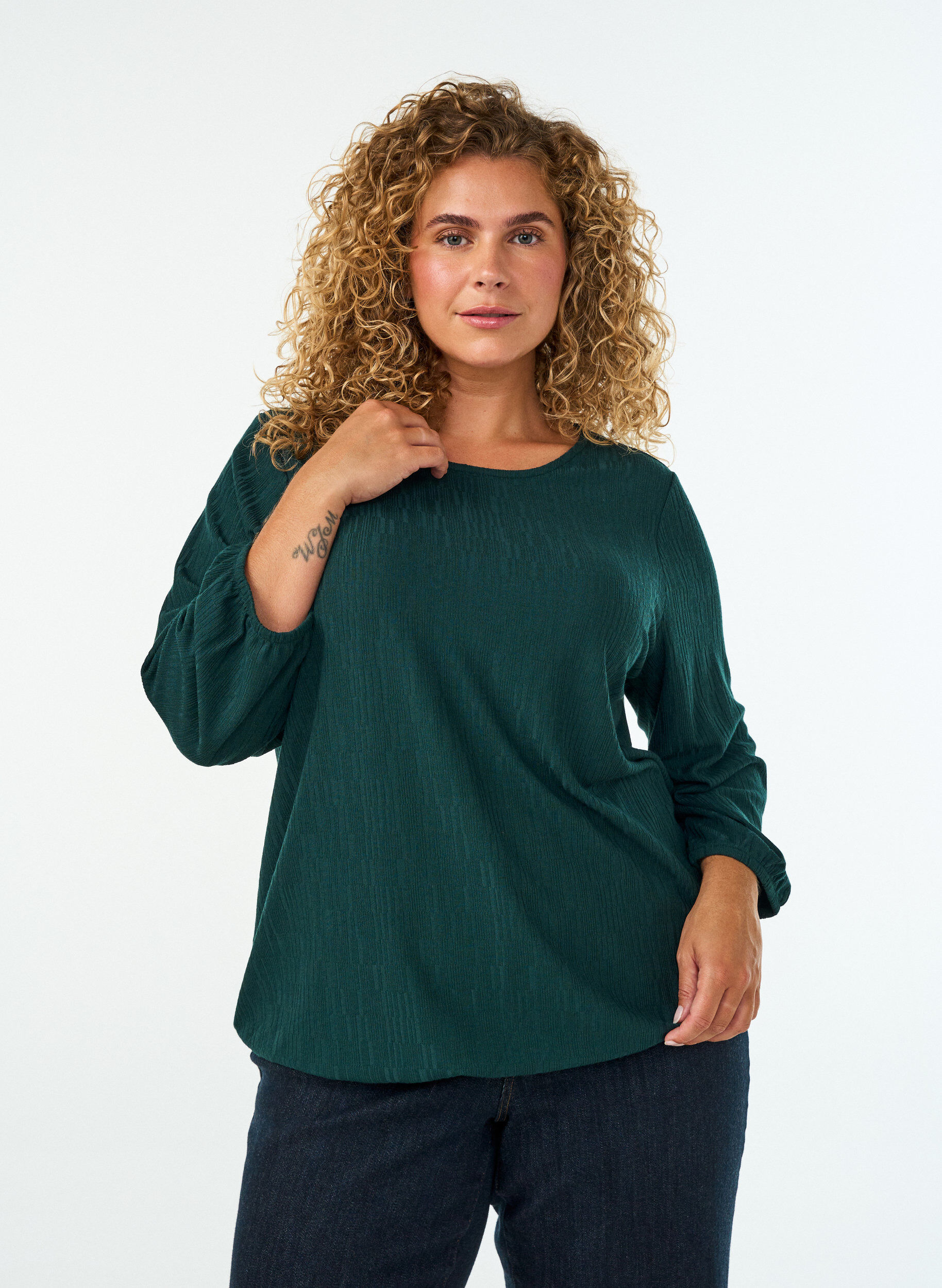 Bluse mit Struktur und 3/4-&Auml;rmeln, Gr&uuml;n, Model