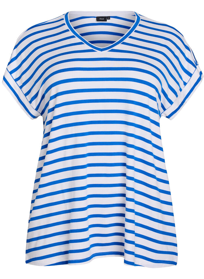 Gestreiftes T-Shirt mit V-Ausschnitt, Blau, Packshot image number 0