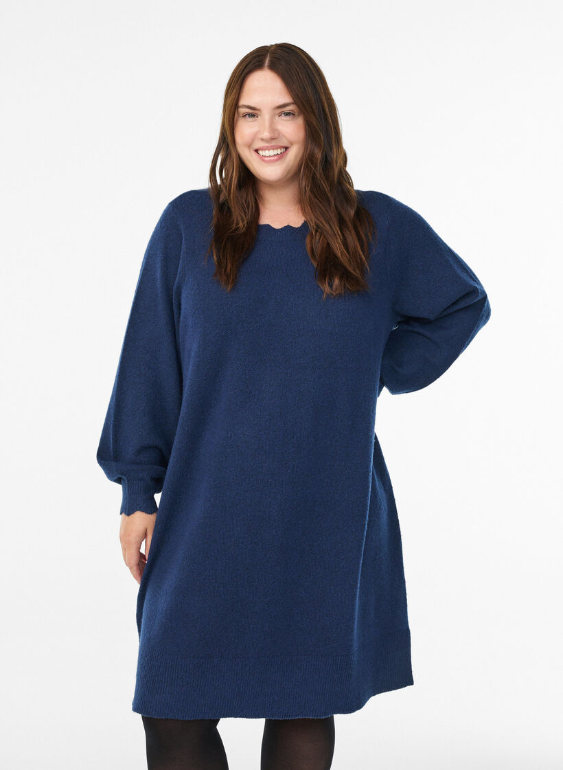Gestricktes Minikleid mit gewelltem Saum und Schlitzen, Blau, Model image number 0