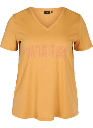 T-Shirt aus Baumwolle mit V-Ausschnitt und Print vorne, Apple Cinnamon, Packshot image number 0
