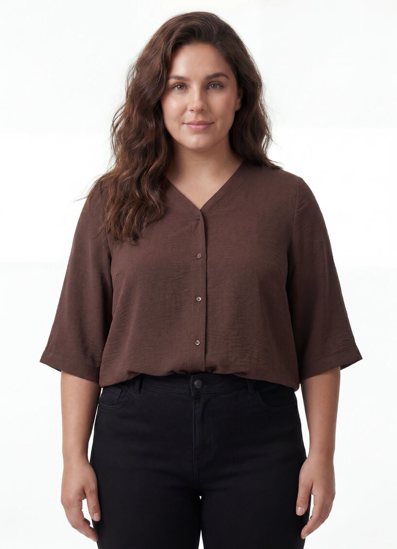 Bluse mit V-Ausschnitt und 3/4-&Auml;rmeln, Braun, Model image number 0