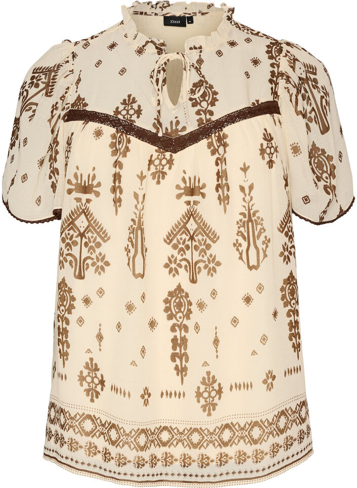 Bluse mit Muster und H&auml;kelborte, Beige, Packshot image number 0