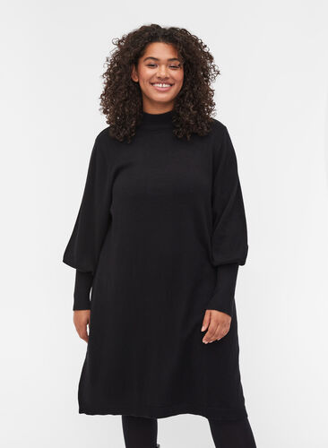 Gestricktes Kleid mit Rundhals und langen Ärmeln, Black, Model image number 0