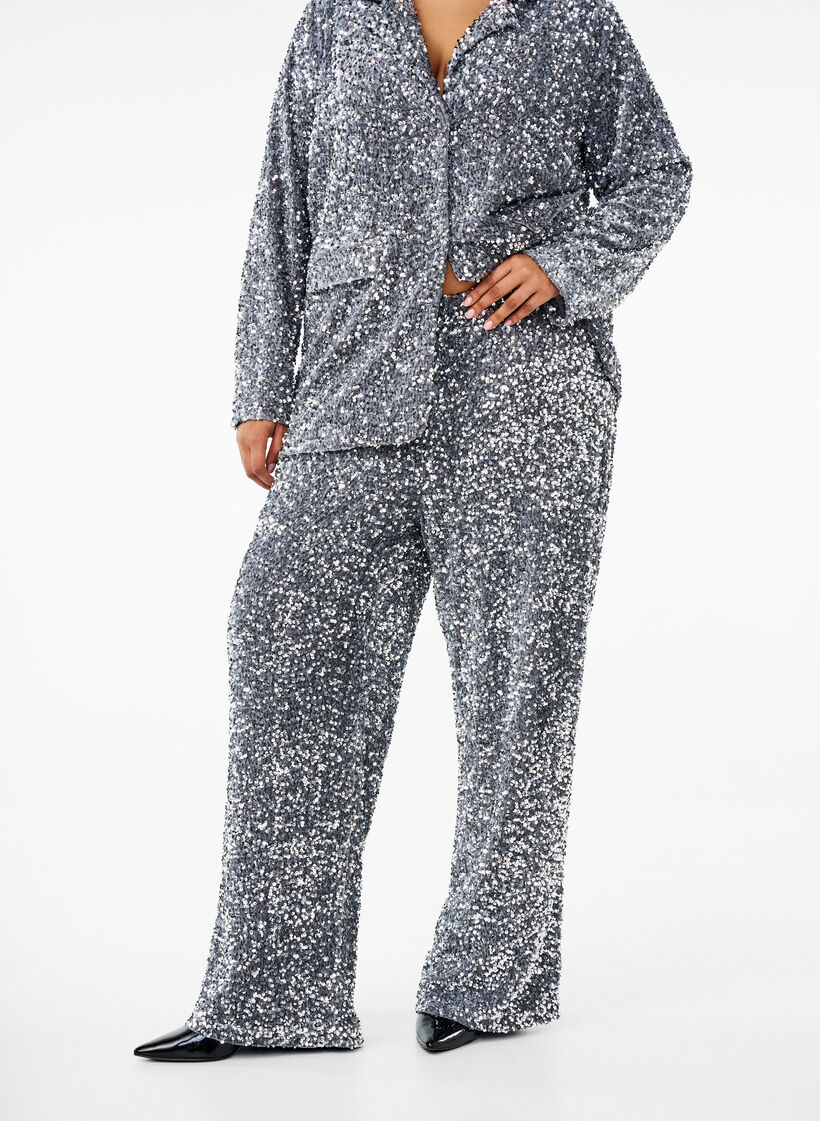 Lockere Paillettenhose mit hohem Taillensitz, Silver, Model image number 2