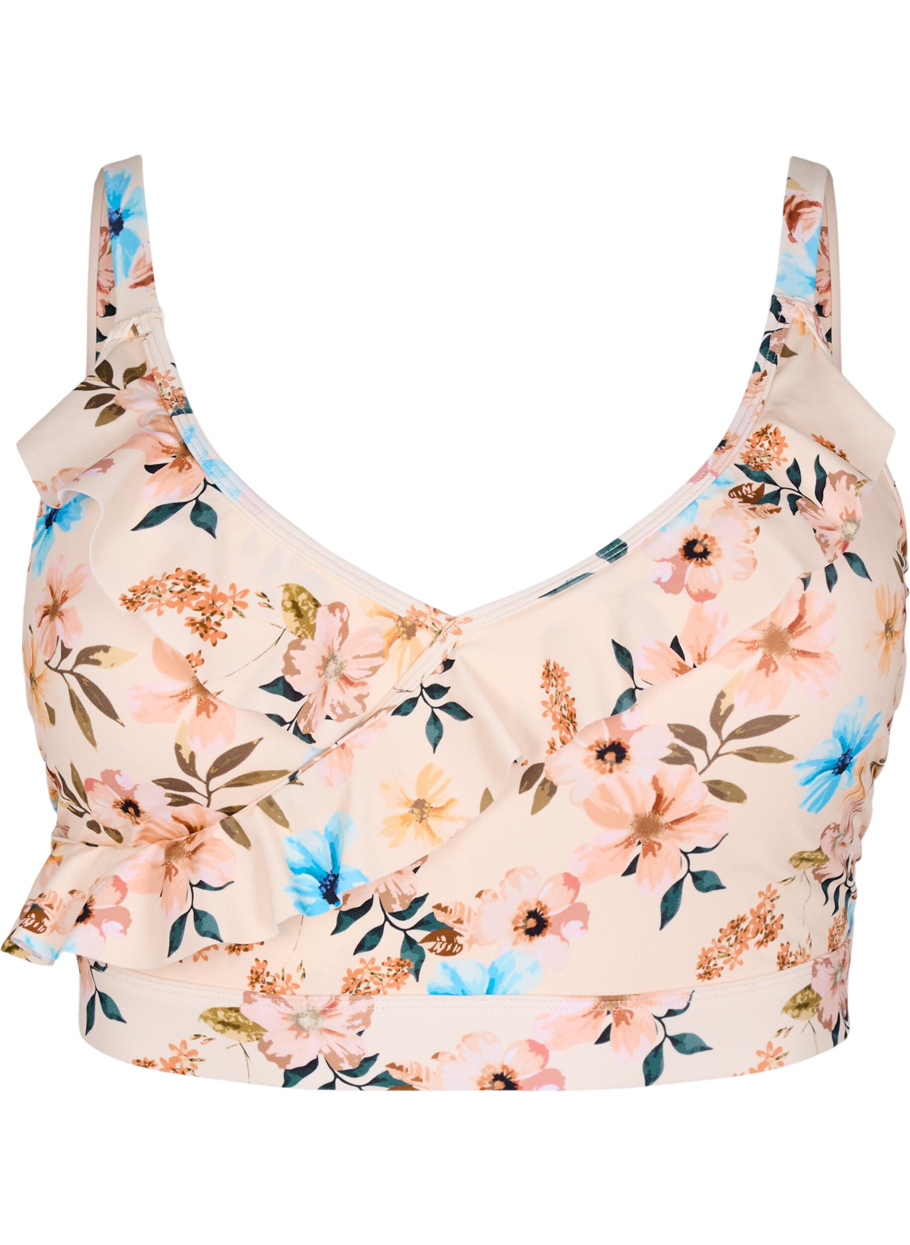 ZizziGebl&uuml;mtes Bikinioberteil mit R&uuml;schendetails, Beige, Packshot image number 0