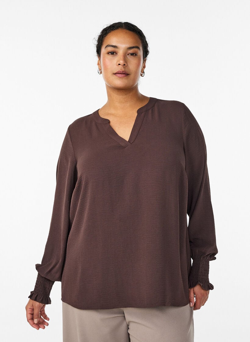 Bluse mit Smockb&uuml;ndchen und V-Ausschnitt, Braun, Model image number 0