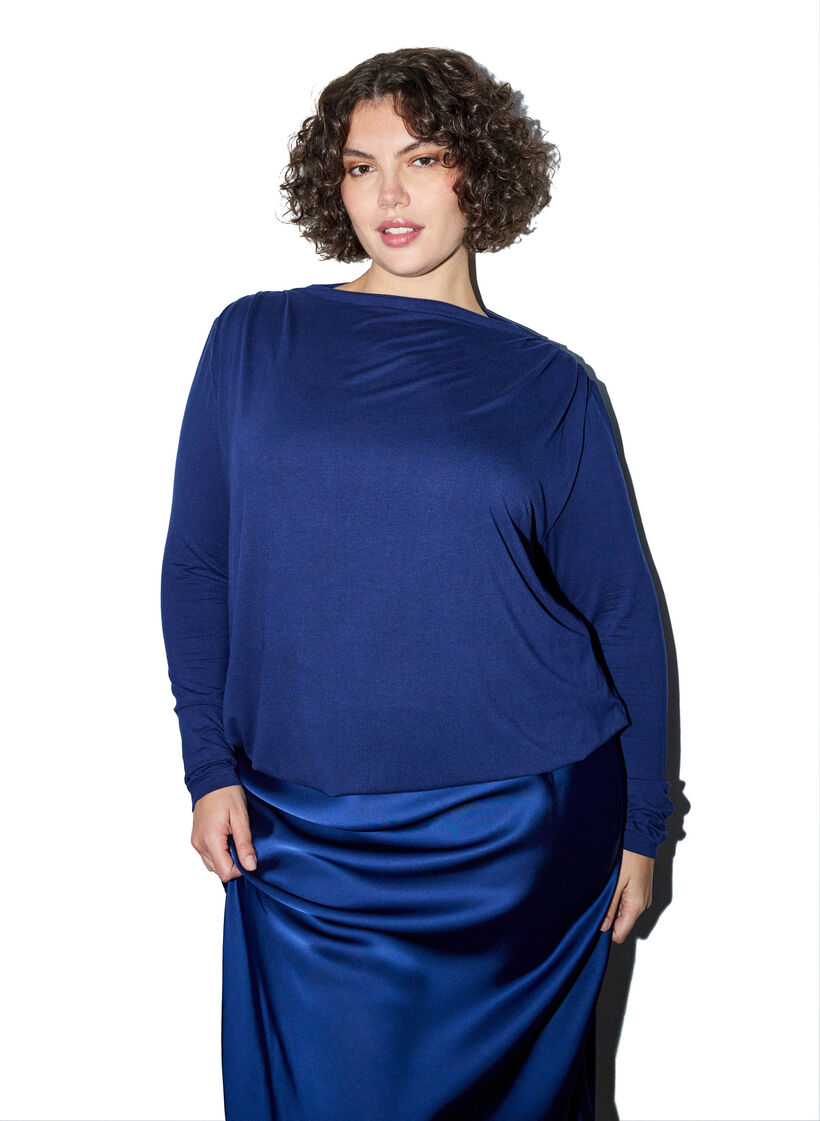 Bluse mit U-Boot-Ausschnitt und Ballon-Passform, Blau, Model image number 0