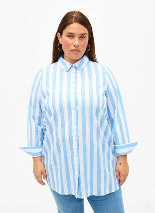 Langes Hemd aus Leinen und Baumwolle, Blue White Stripe, Model image number 0