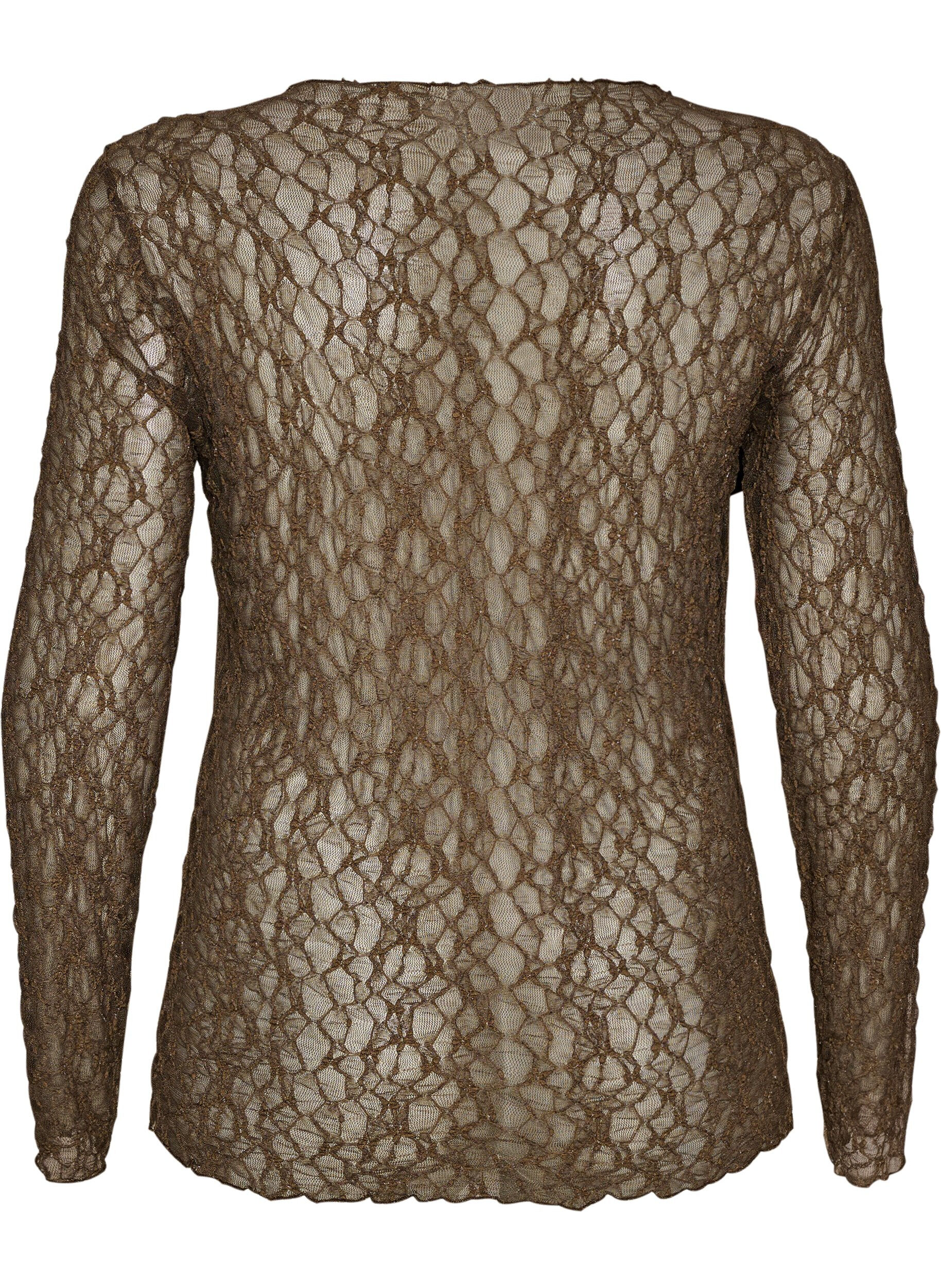 ZizziBluse aus Mesh mit Muster und Glitzerfaden, Braun, Packshot image number 1