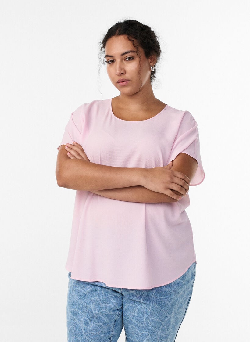 Bluse mit kurzen &Auml;rmeln und Rundhalsausschnitt, Pink, Model image number 0