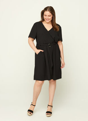 Kurzarm Kleid mit V-Ausschnitt, Black, Model image number 2