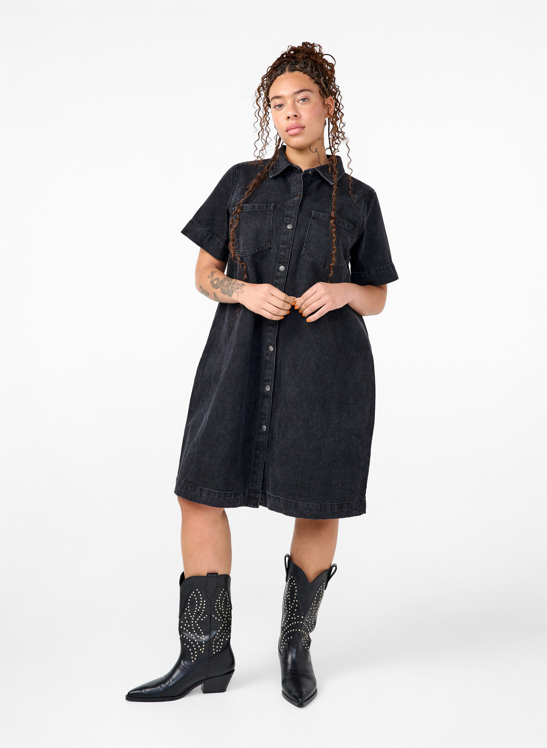 ZizziLanges Denim-Shirt mit kurzen &Auml;rmeln, Grey Washed, Model image number 2