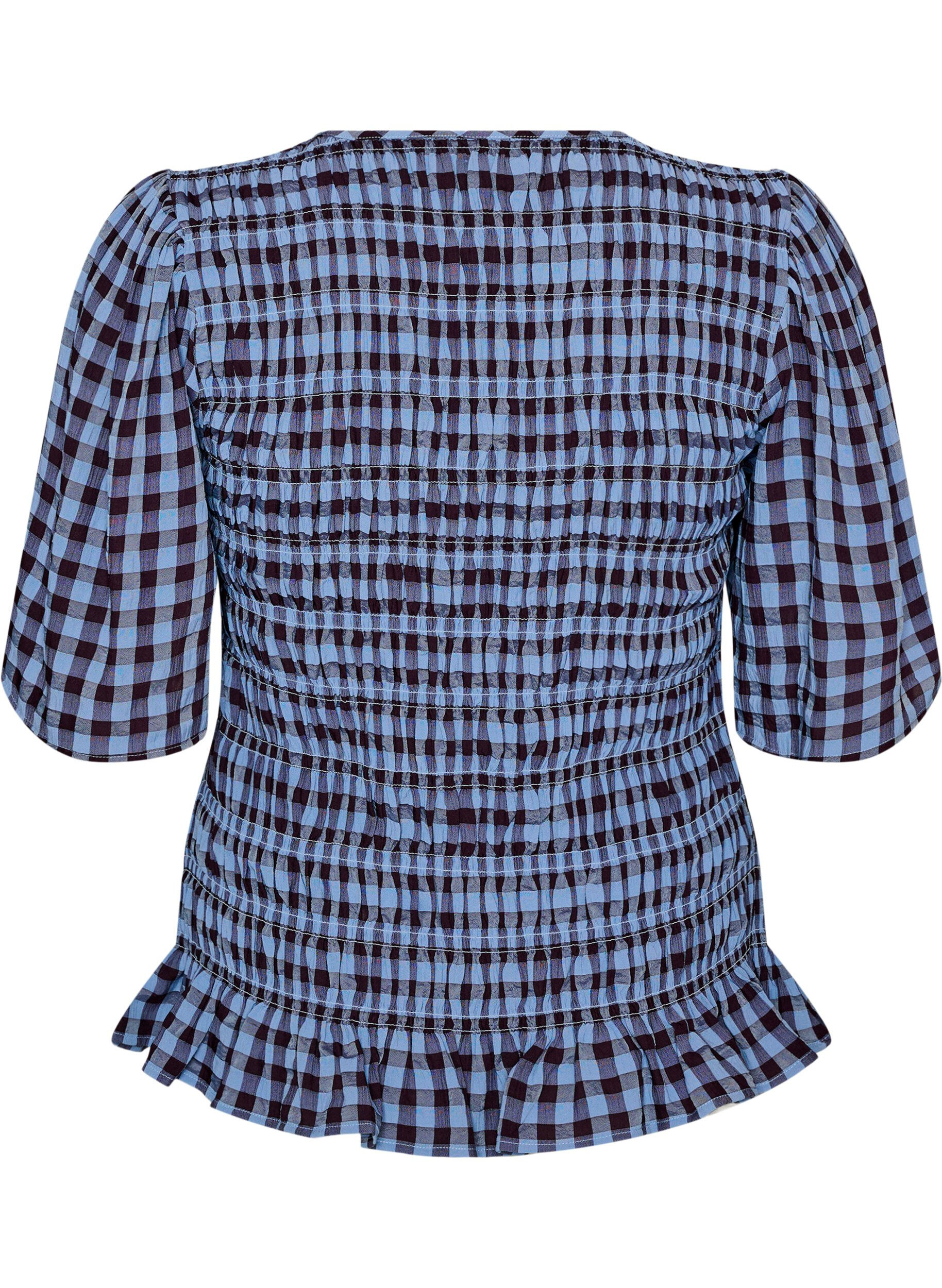 ZizziSmockbluse mit Vichy-Karo und R&uuml;schensaum, Blau, Packshot image number 1