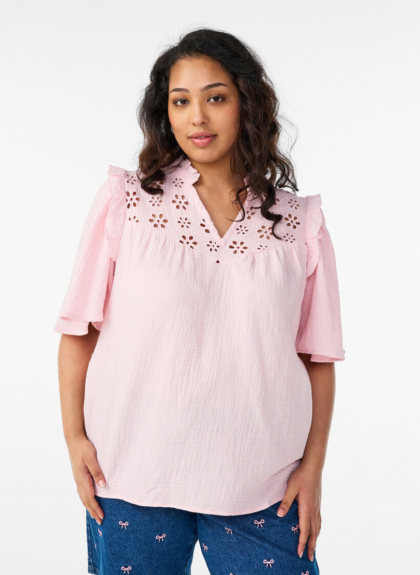 Bluse aus Baumwoll-Musselin mit Broderie Anglaise und 1/2-&Auml;rmeln, Rot, Model image number 0