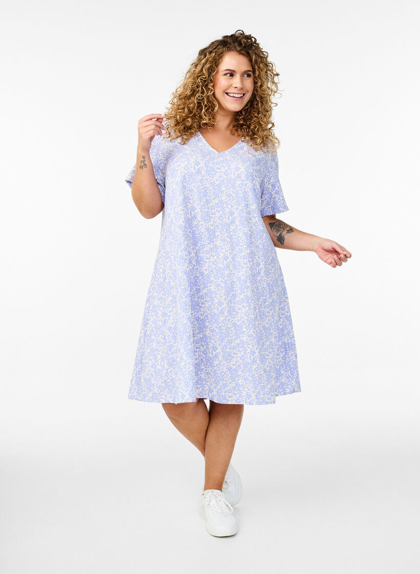 Kleid mit kurzen &Auml;rmeln und V-Ausschnitt, Blau, Model image number 1