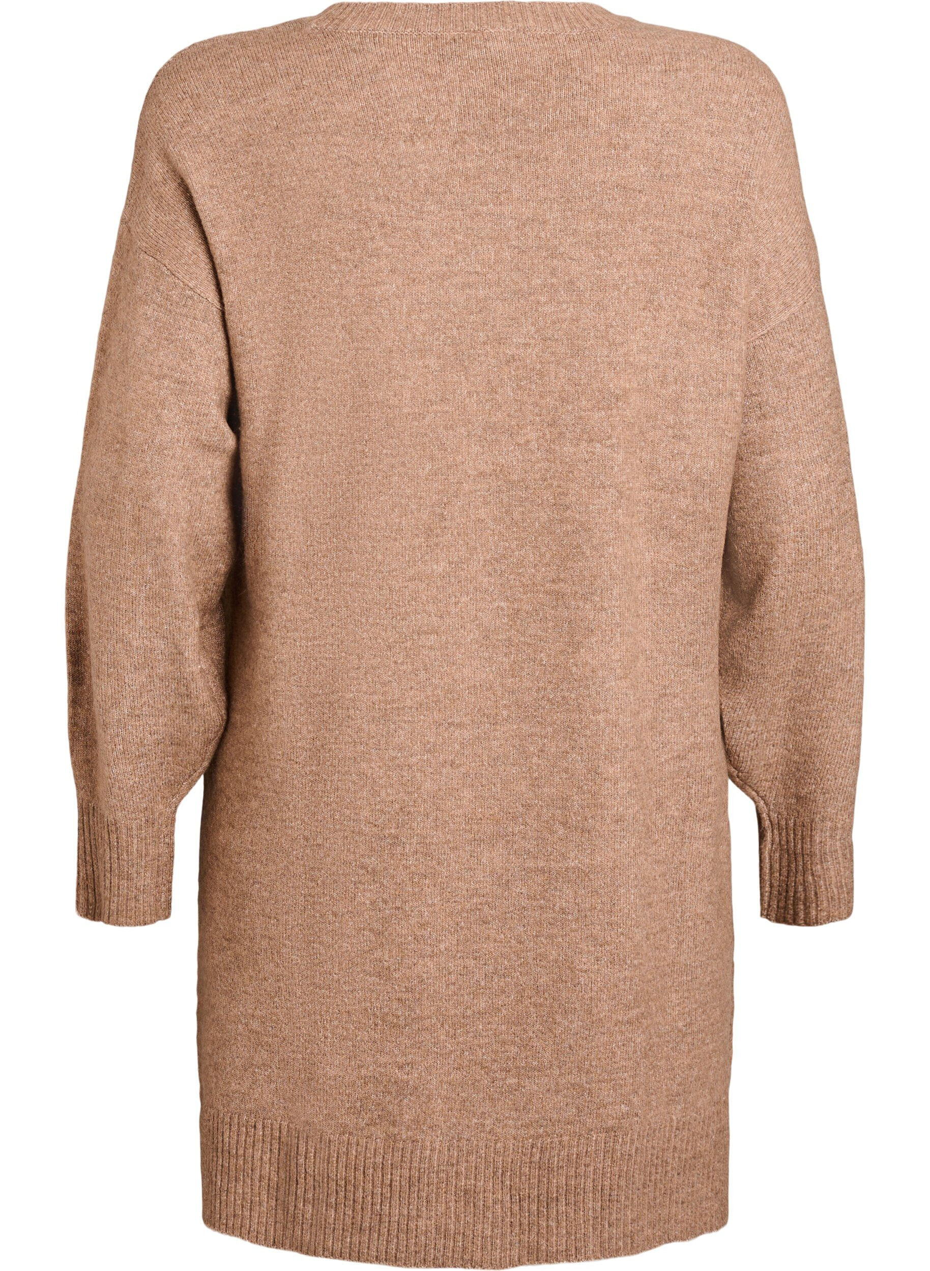 ZizziKurzes Strickkleid mit V-f&ouml;rmigem Strukturmuster, Braun, Packshot image number 1