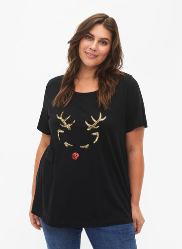Weihnachts-T-Shirt mit Pailletten, Black W. Reindeer, Model image number 0