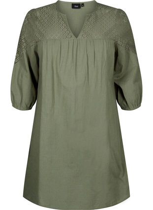Kleid aus einer Baumwollmischung mit Leinen und Häkeldetails, Deep Lichen Green, Packshot image number 0