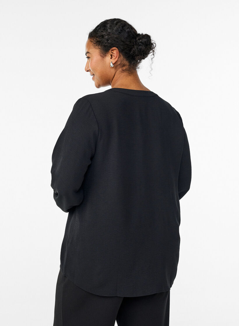 Bluse mit Smockb&uuml;ndchen und V-Ausschnitt, Schwarz, Model image number 2
