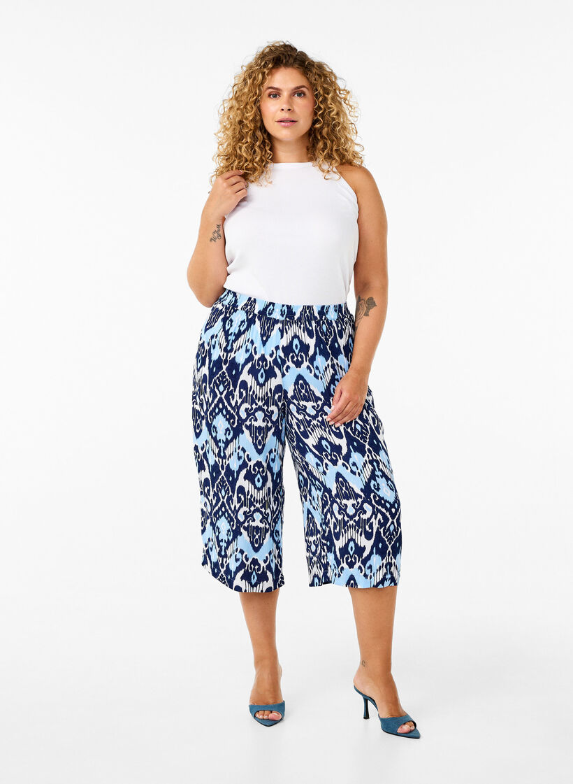 Culotte-Hose aus Viskose mit Aufdruck, Blue Ethnic AOP, Model image number 0